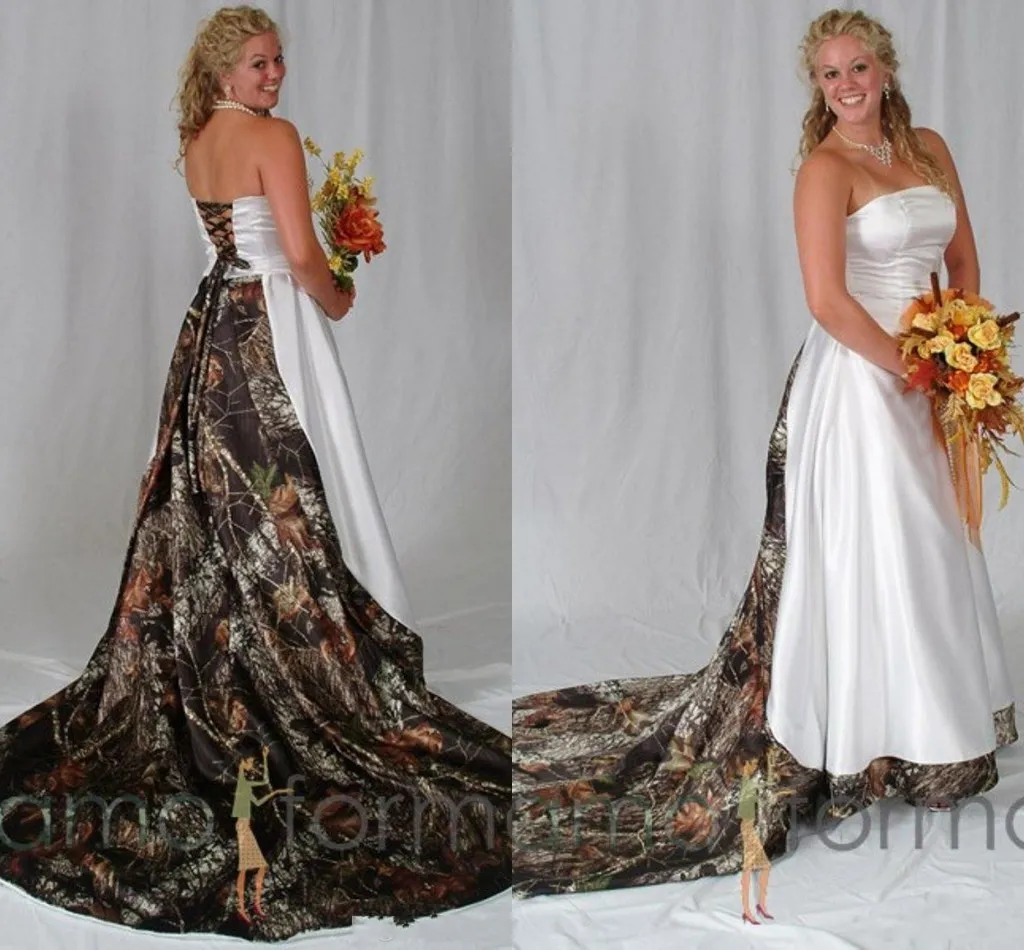 Schatz weißer Camo Brautkleider Schnürhoch-Up-Korsett Rückenwald Tarnung Drucken breite A-Linie-Hochzeitskleider Kapelle Zug Satin Brautkleider