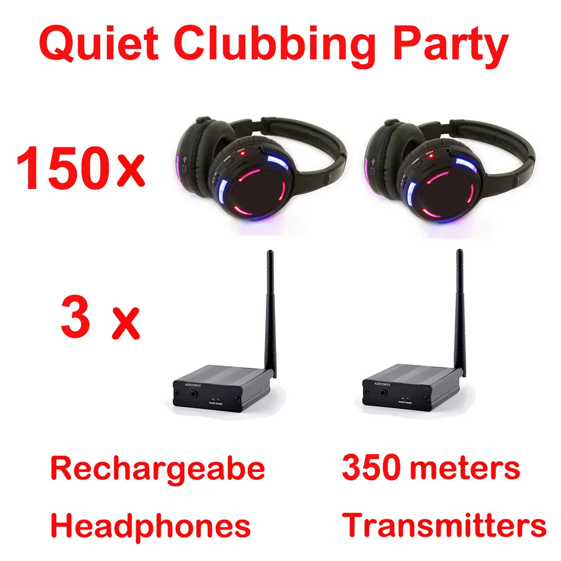 Professionelles 350-m-Silent-Disco-HF-Kopfhörerpaket – 150 LED-Kopfhörer und 3 Sender für iPod MP3-DJ-Musik