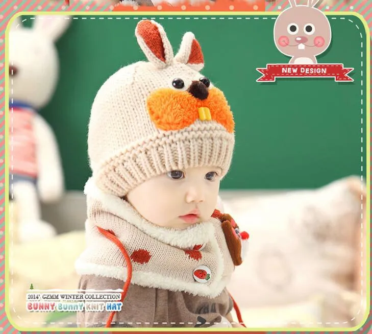 Hiver lapin oreille bonnet enfants bébé chapeaux belle infantile enfant en bas âge fille garçon bonnets casquette chaud bébé chapeau + écharpe tricotée à capuche ensemble oreillettes casquettes