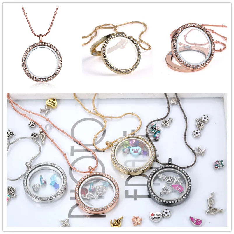 Rose Gold Silver DIY Glass lockets Necklaces with crystal 30mm Circle magnetic floating charm locket pendants snake chains