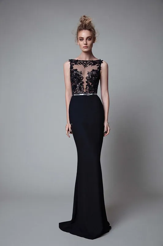 Berta Black Mermaid Prom Klänningar Bateau Neck Illusion Bodice Ärmlös Appliques Backless Evening Gowns Sexig formell klänning