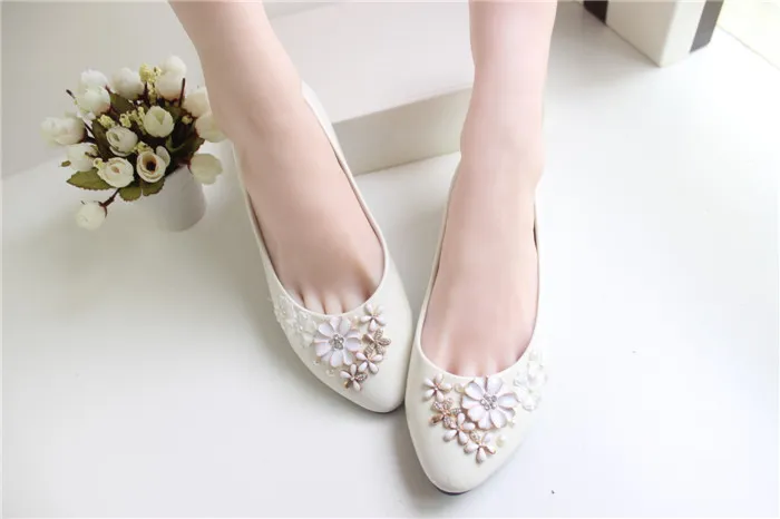 Ivory Flower Wedding Shoes Lace Handmade 2015 Bridal Shoes Cheap Custom Made Heel Height Flat Women Shoes for Wedding Bridesmaid Shoes