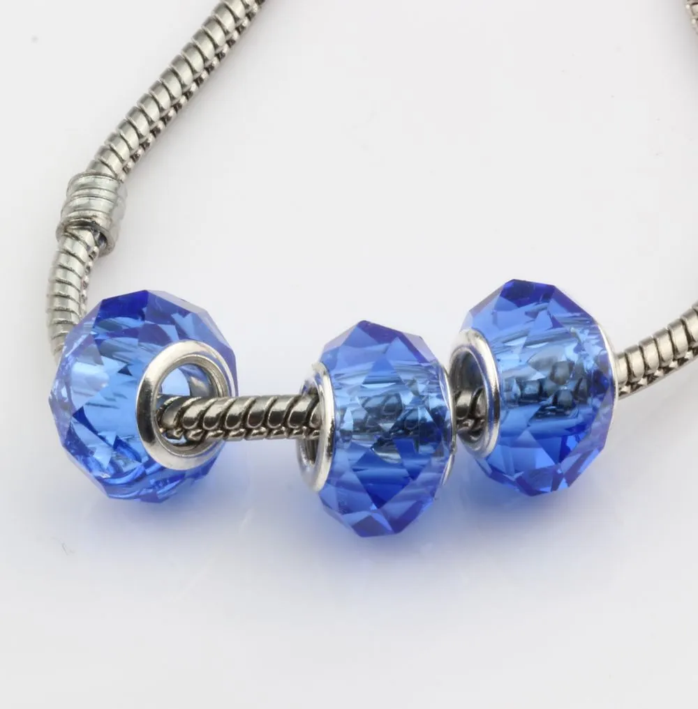 Het! Blue Faceted Crystal Glass Big Hole Beads Passa Charm Armband DIY Smycken