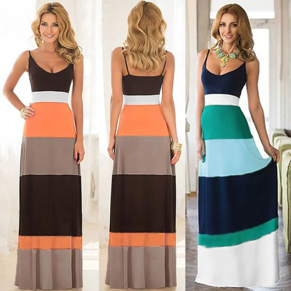 Women Casual Silky Colorful Striped Maxi Dresses Long Camisole Tank Top ...