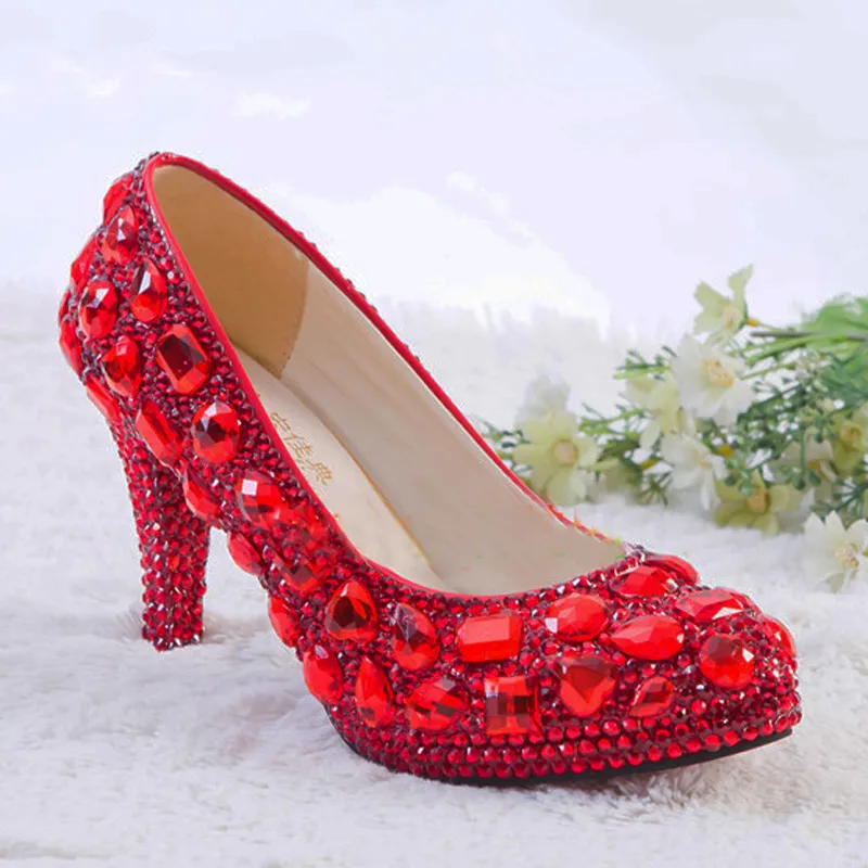 Rote Strass-Absätze für Damen, Kristall-Pumps, Hochzeits-Plateau-Kleid-Schuhe, Cinderella-Valentinstag-Party-Kleid-Schuhe, Größe 9 10 11