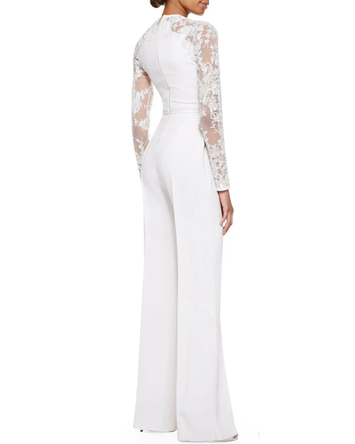 2019 new White Mother Of The Bride Pant Suits Jumpsuit With Long Sleeves Lace Embellished Women Formal Evening Wear Custom Made 117