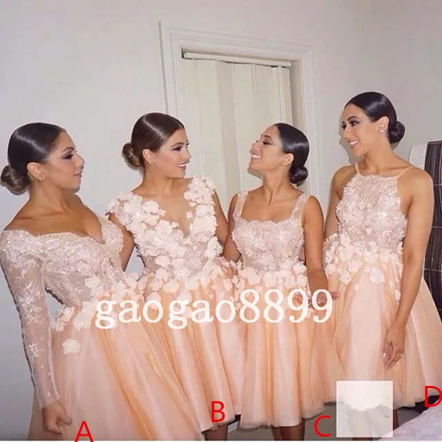 Blush Lace Tulle Beach Party Short Bridesmaid Dresses Long Sleeve 3D Floral Knee-length Maid Of Honor Wedding Party Guest Gown Cheap