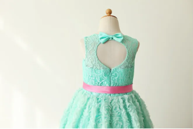 Mint Blue Lace Rosette Keyhole Flower Girl Dress/Communion/Baptism/Junior Bridesmaid Dress/Baby Girl Dress/Blush Pink Sash/Bow