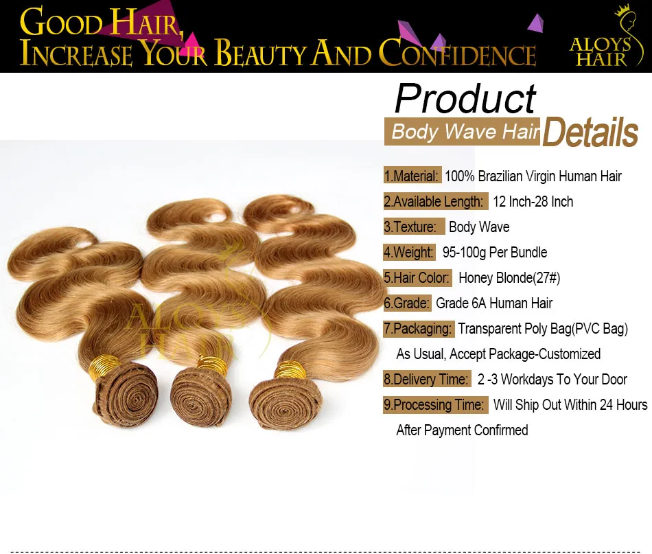 Honey Blonde Braziliaanse Haar Body Wave 100% Menselijk Haar Weave Golvende Bundels Kleur 27 # Grade 8A Braziliaanse Maagdelijke Remy Hair Extension Tangle Free