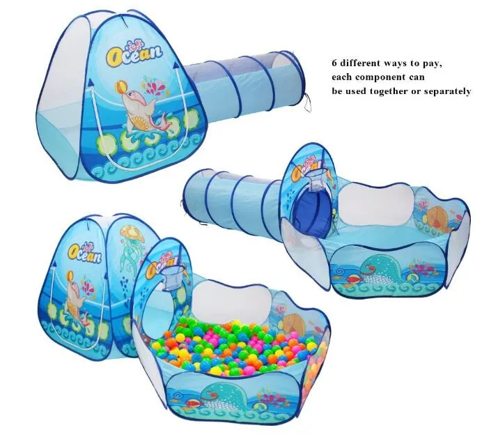 Dzieci Play Tande Tunnel Ball Pit with Basketball Hoop Karton Ocean Zwierzęta 3 w 1 Zestaw Pop-up Easy Otwarty Kształt Cubby Tube Tubee