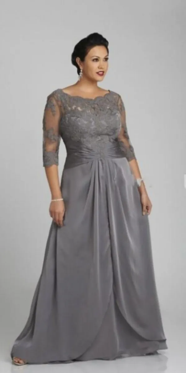 Vente chaude Plus La Taille Mère De La Mariée Robe De Mariée Gris Dentelle Appliqued Top Illusion Bateau Cou Manches 3/4 Robe De Fête De Mariage