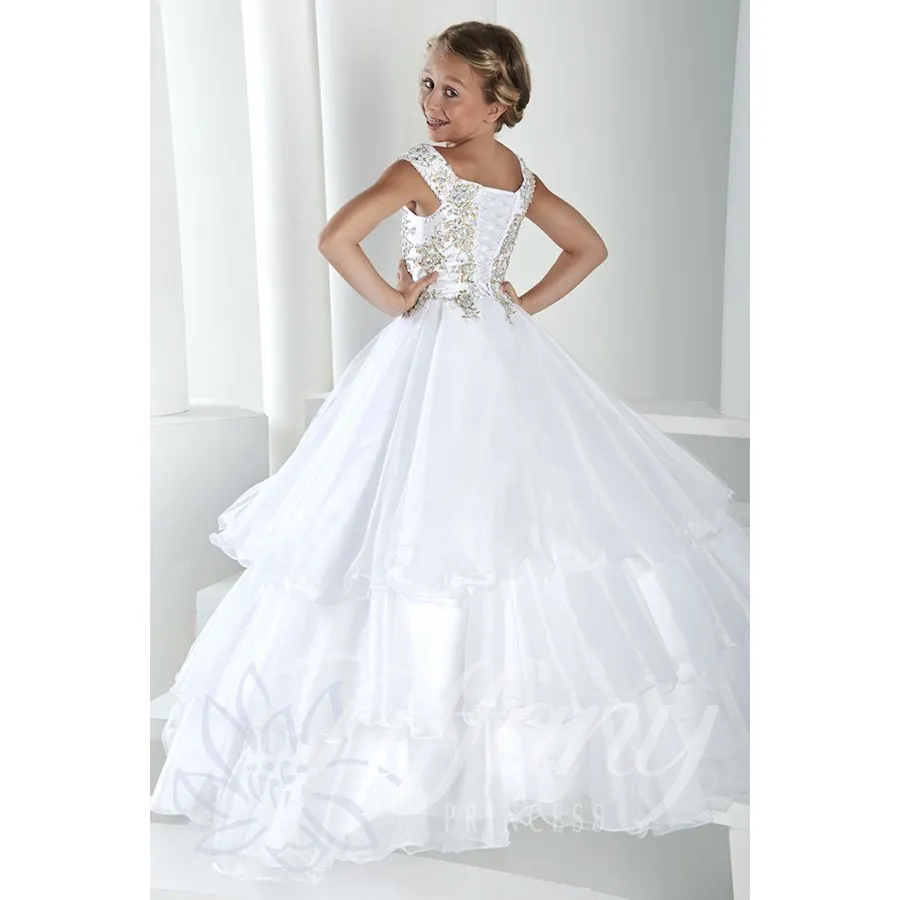 Tiered Tulle Crystal Long Girl's Pageant Dresses Cap ärmar Lace Up Back Princess Flower Girls Dress Billiga formella festklänningar267m