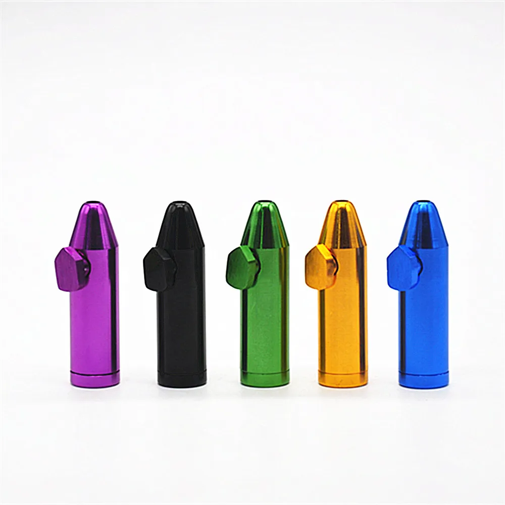 Vendita al dettaglio Wholease Metal Tip Bullet Snuff Rocket Snorter Sniffer Scovolini per tubi in metallo Scovolino per sigarette in legno Punte per la bocca Custodia