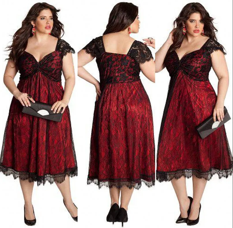 Plus Size Wine Red And Black Lace Short Evening Dresses Tea Length ...