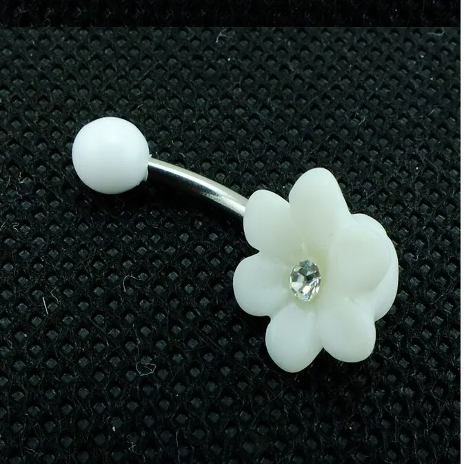 Hoge kwaliteit mode buik knop ringen roestvrij stalen bar witte plastics bloem navel lichaam piercing sieraden