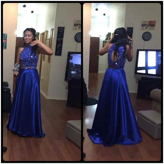 Bling Sequins Beaded Royal Blue Prom Dresses Open Back Graduation Gowns Beads Crop Top High Neck Satin Formal Evening Party Dresses