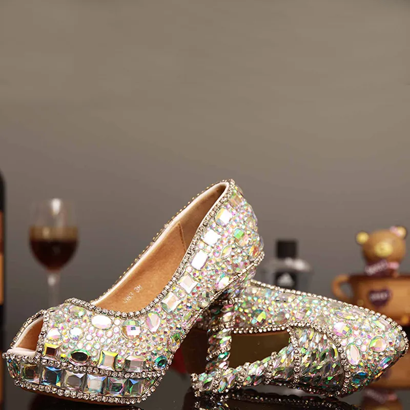 Luxury AB Crystal High Heels Woman Shoes Fashion Glitter Crystal Peep Toe Bridal Wedding Dress Shoes Lady's Party Proms 