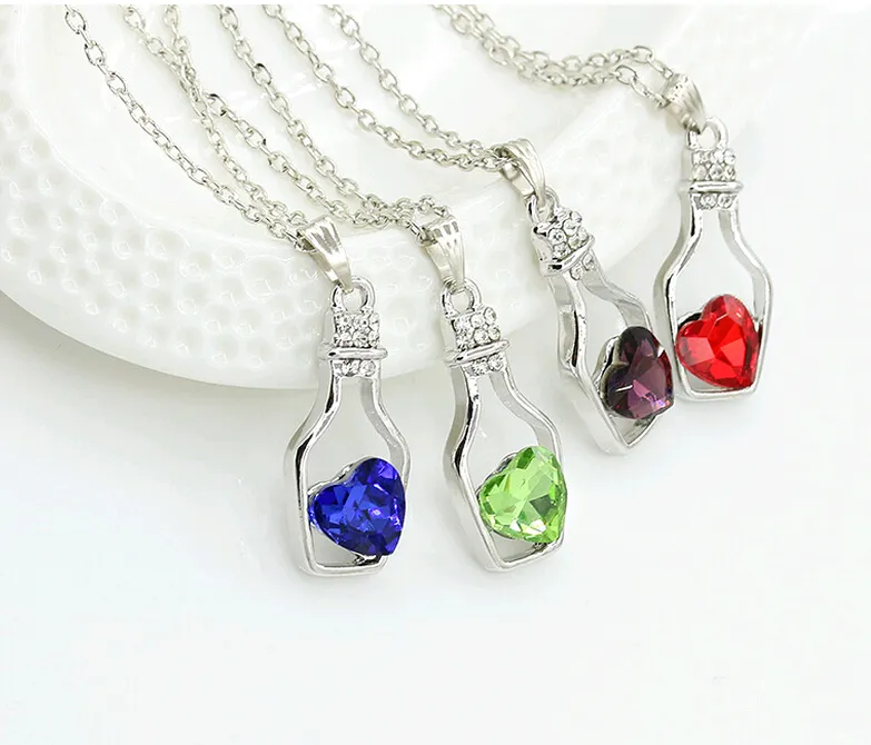 Wishing Bottle Jewelry Heart Pendant Necklaces Fashion Crystal Sparkle Stone Sautoir for girls Sale Cheap 