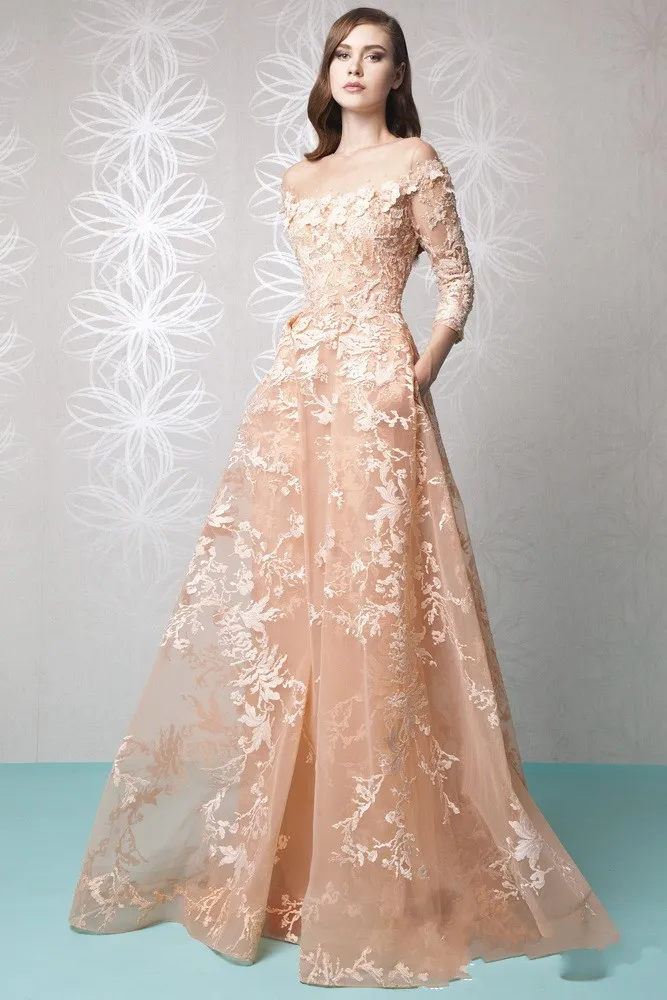 Robe de bal à manches longues Tapis rouge 2016 Tony Ward Robe de célébrité Sheer See Through Flower Pattern Appliqued Robes de soirée de haute qualité