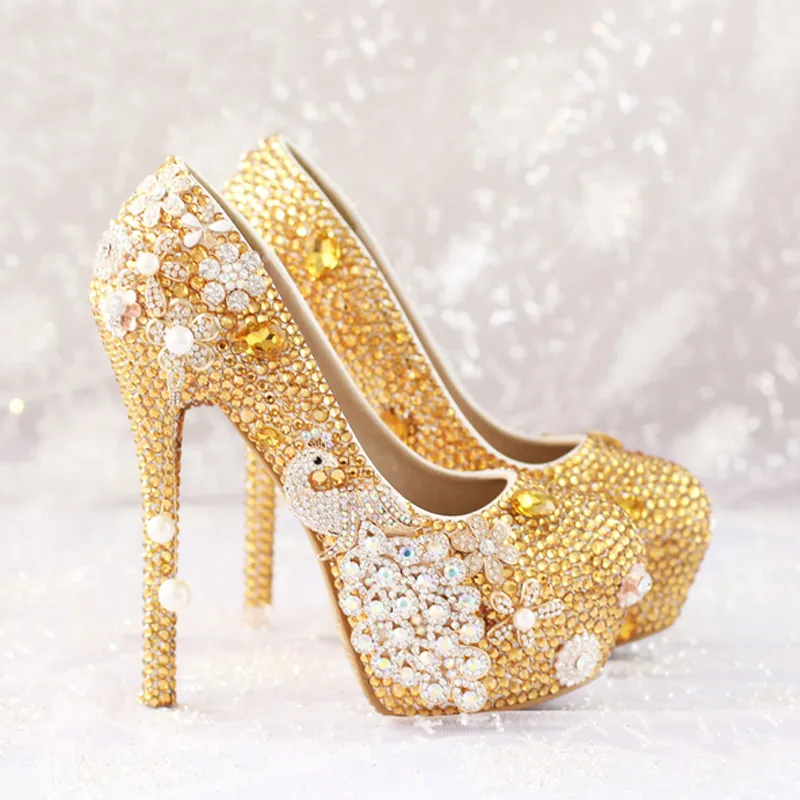 Glitter Guld Strass Bröllop Skor 5 Inches Högklackat Party Pumps Bling Diamond Evening Prom Heels Kändisfunktion Skor