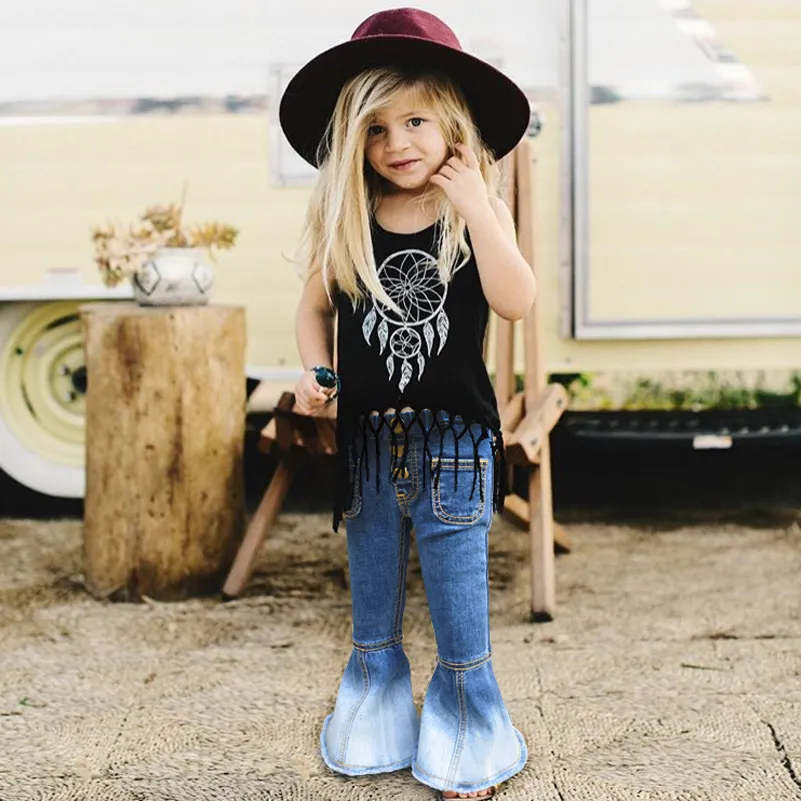 NIEUW 2018 Mode Kids Kinderen Jeans Meisjes Broek Baby Meisjes Flare Broek Kinderen Panty Panty Lange Broek Bell-Bell-Bottoms