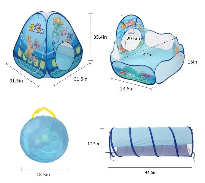 Crianças Brincam Barraca de Túnel Esfera com Caixa de Cesta De Basquete Animais Do Oceano 3 em 1 Conjunto Pop-up Fácil Dobra Aberta Tubo Cubby Teepee