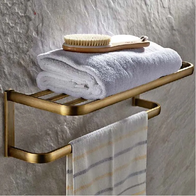 Wholesale And Retail NEW Antique Brass Wall Mounted Bathroom Shelf Towel Rack Holder With Towel Bar