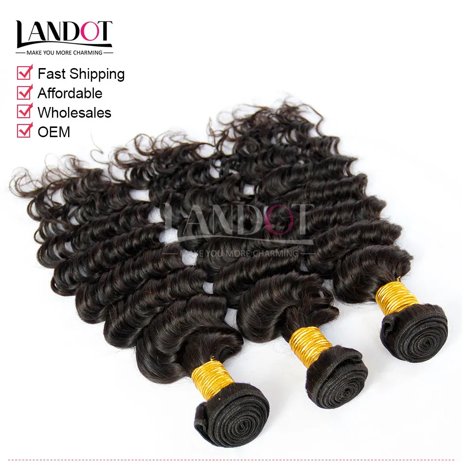 インドのバージンの髪の深い波と閉鎖8aの未処理の巻き毛の髪の毛の織り3束と1ピースの上のレースの閉鎖自然な黒いwefts
