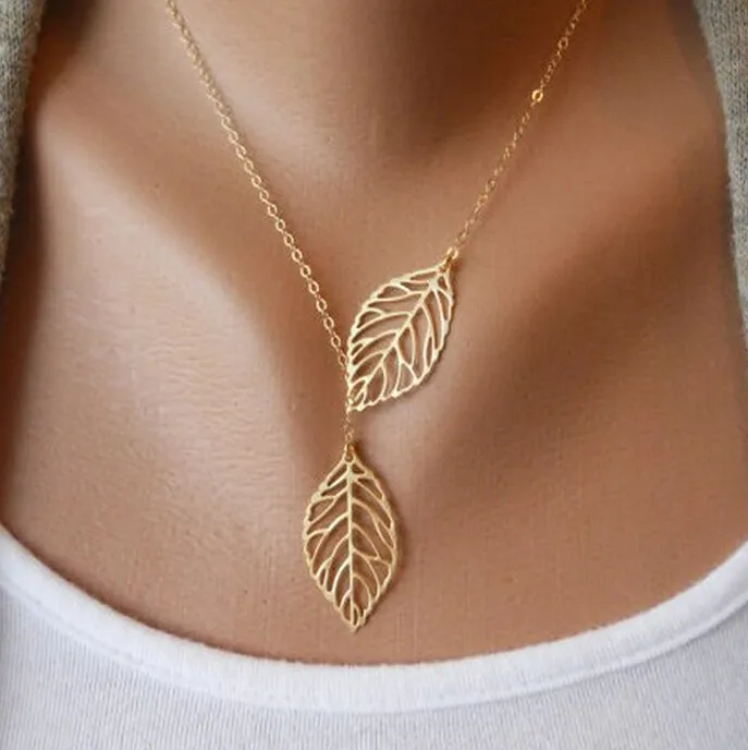 Simple European New Fashion Vintage Punk Gold Hollow Two Leaf Leaves Pendant Necklace Clavicle Chain Charm Jewelry Women 