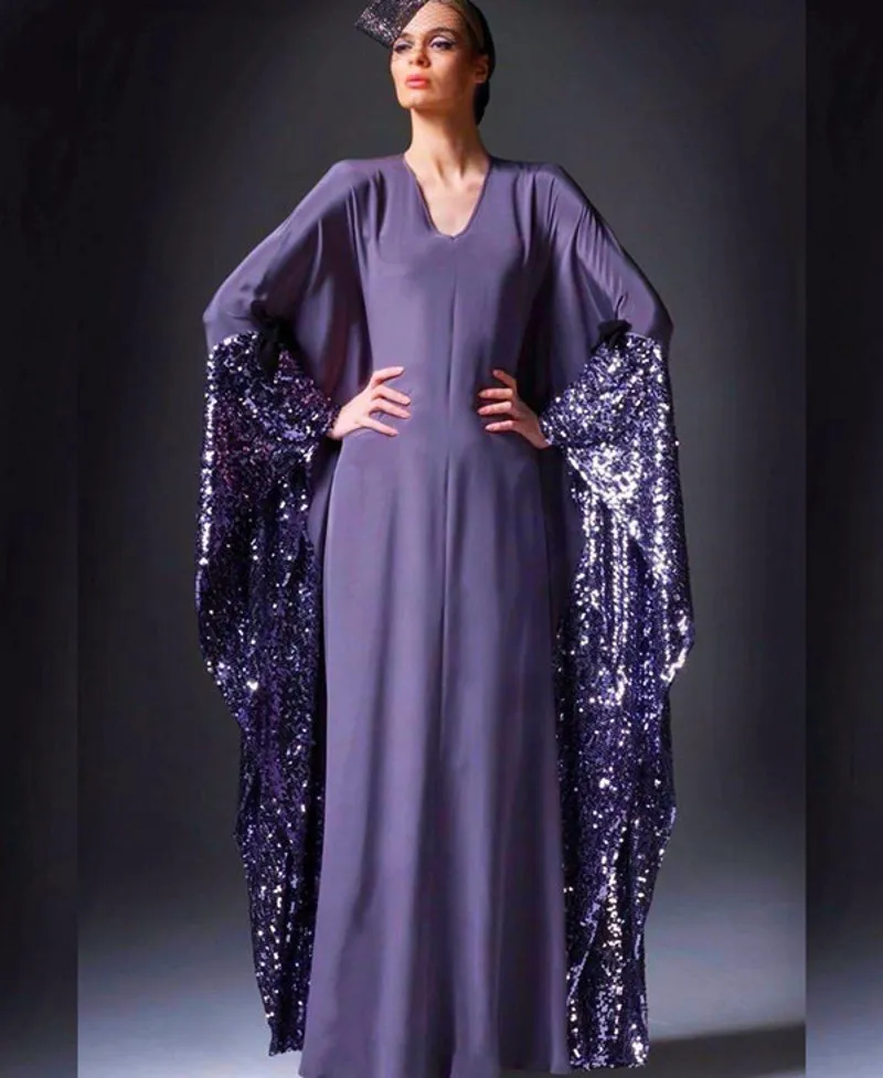Hot Sale Purple V-Neck Floor-Length Saudi Arabia Evening Dresses A-Line Dubai Kaftan Prom Gowns Chiffon Sequined Party Dress Vestidos d027