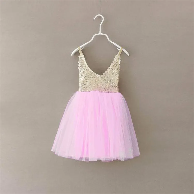 Mode Girl Dress Sequin Barnkläder Kids Kläder Sommar Klänningar Lace Princess Ruffle Tulle C9602