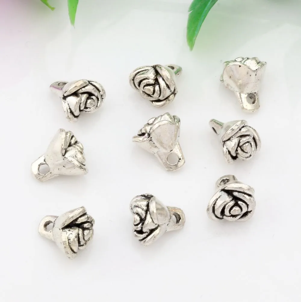 Alloy Rose Flower Charms Pendants For Jewelry Making Earrings Necklace DIY Accessories Antiqued Silver 7x8X9MM