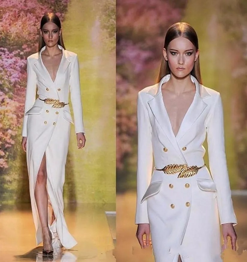 Nova venda quente branco dividir vestidos de noite longos mangas de alta qualidade sexy com decote em v formal vestidos de festa de baile com cinto dourado