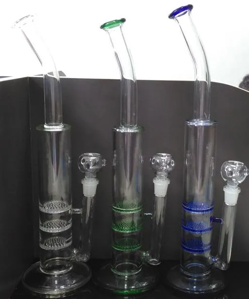 2015 nieuwe ontwerp 16 inch glazen water pijpen glas bong met 3 honingraat perc 18.8mm glazen kom helder groen blauw voor kiezen glazen bongs