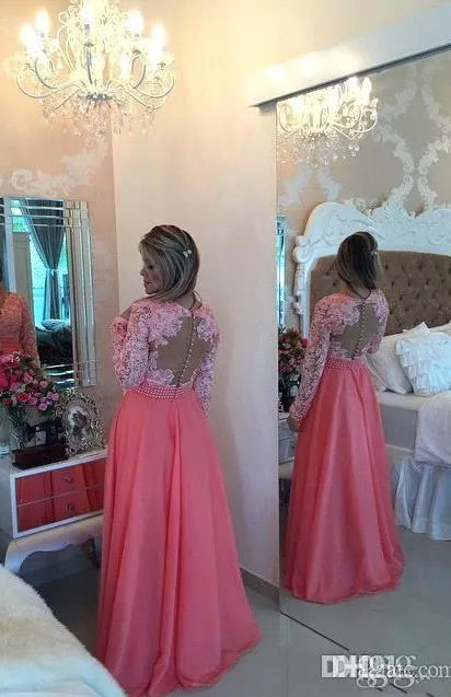 Islamic Lace prom dress with Chiffon, Beaded Long Sleeves, V-Neckline, and Long Length - Perfect for Evening Parties, Graduations, Bridesmaids - Style