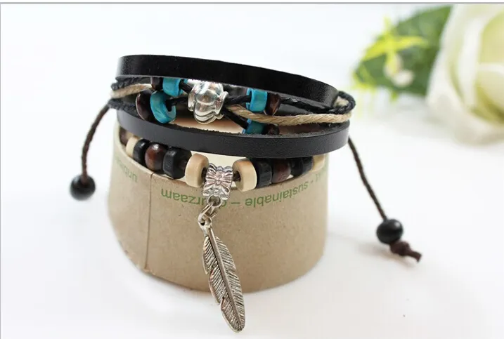 Multilayer Wrap Genuine Leather Bracelets Bangles Strand Beads Charms Bracelets Women Bracelets Gifts Leaf Drops Black