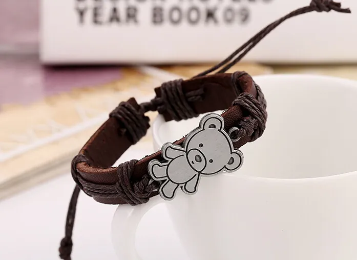 2015 latest version punk style 100% genuine leather bracelet handmade Alloy Little bear rope adjustable bracelet 