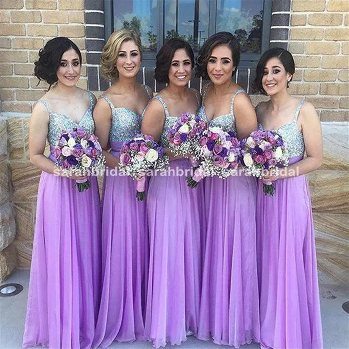 Full Length Long Light Purple Chiffon Bridesmaid Dresses Sweetheart Beaded Spaghetti Strap Sequin Bodice Rhinestone Bridal Party Gowns