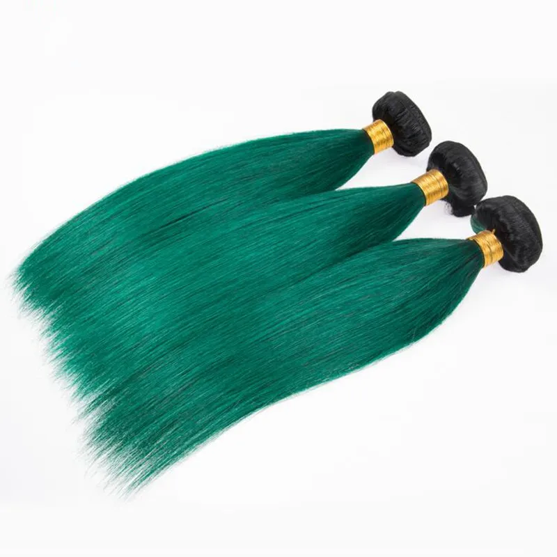 Ombre Black Dark Green Hair 3 Bundles With 4x4 Closure Silky Straight Virgin Human Hair Weft Extension With 1B Green Closure 4x4