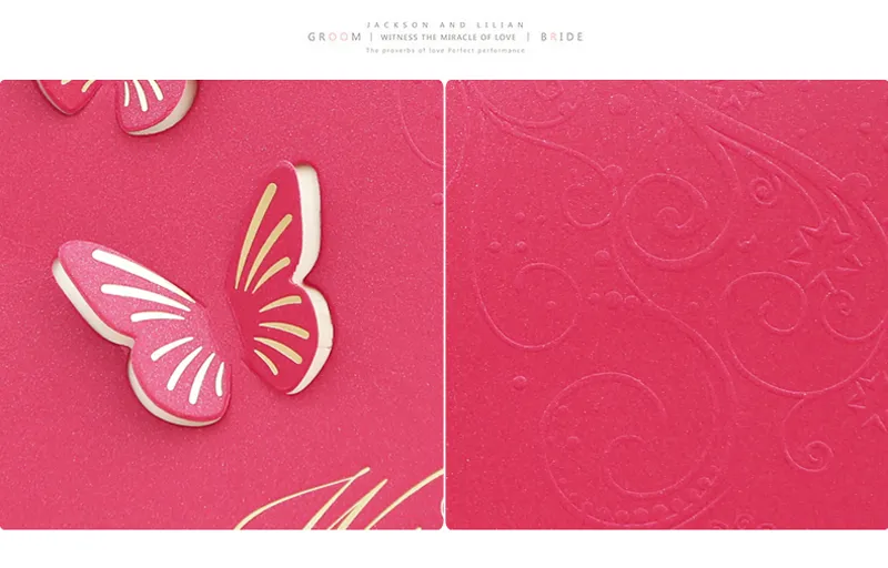 50 stks Bruiloft Uitnodigingen Butterfly Style Fancy Design Invitation Card Gevouwen champagne Kleurvrije aangepaste en afdrukken