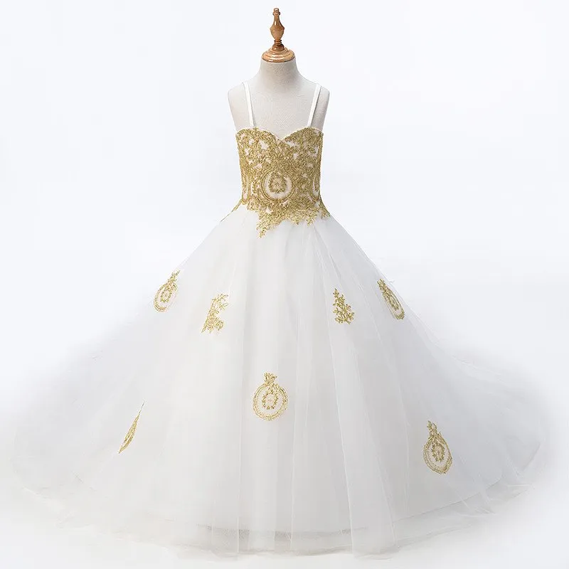 2022 Moda White Ze Złotym Koronką Kwiat Dziewczyny Sukienki Princess Designer for Wedding Kids Girls Tulle Ruched z paskami spaghetti tanio