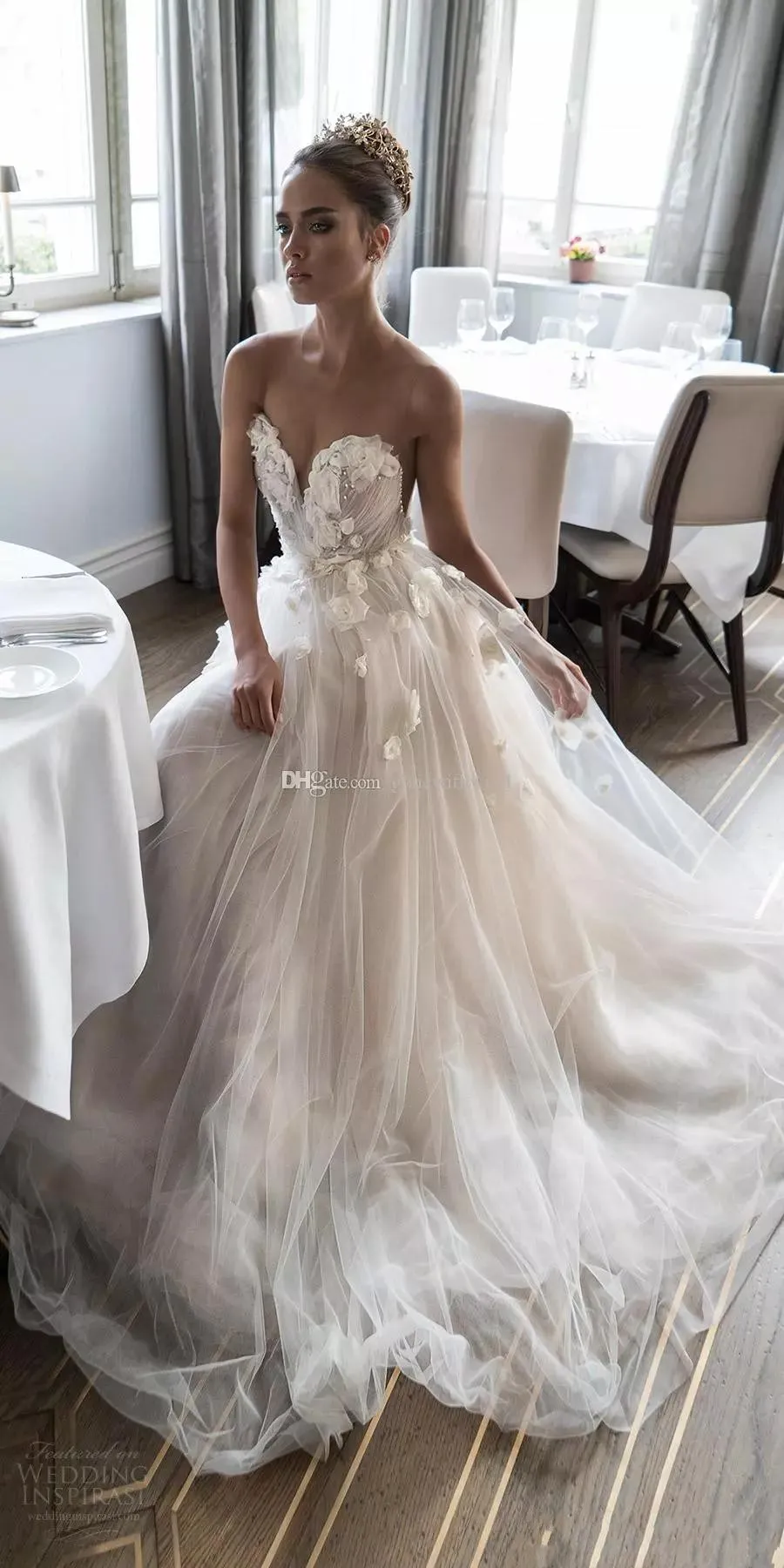 New Illusion Jewel Sweetheart Embellished Ruched Bodice Wedding Dresses Elihav Sasson Bridal Gown 3D Rose Flower Floor Length Wedding Gowns