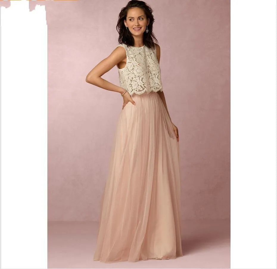 Novo vintage cor-de-rosa cor-de-rosa dois pedaços de laço dama de honra vestidos macio tule tule comprimento vestidos de noite formal vestidos de festa formal personalizado 172