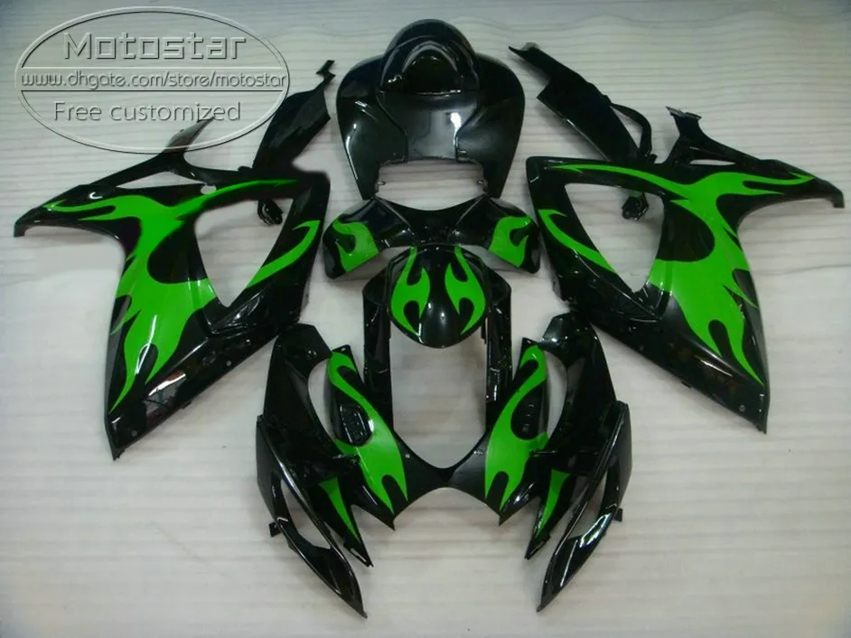 Hot bodywork fairings set for SUZUKI GSXR600 GSXR750 2006 2007 K6 green flames in black ABS fairing kit GSX-R600/750 06 07 Z83B