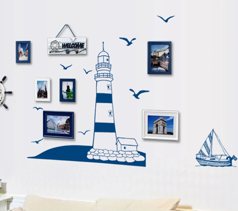 Removível adesivo de parede azul torre de barco à vela foto arte decalques mural diy papel de parede para o quarto decalque 22.5 * 50 cm, dandys