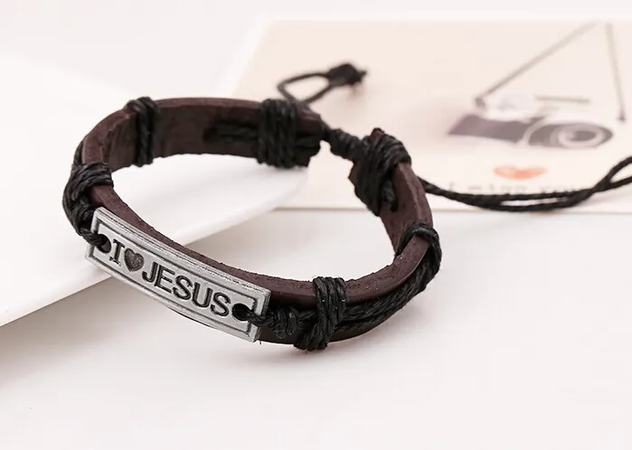 2015 nieuwste versie punk stijl 100% lederen armband legering lo Jezus paar hennep touw verstelbare armband / 