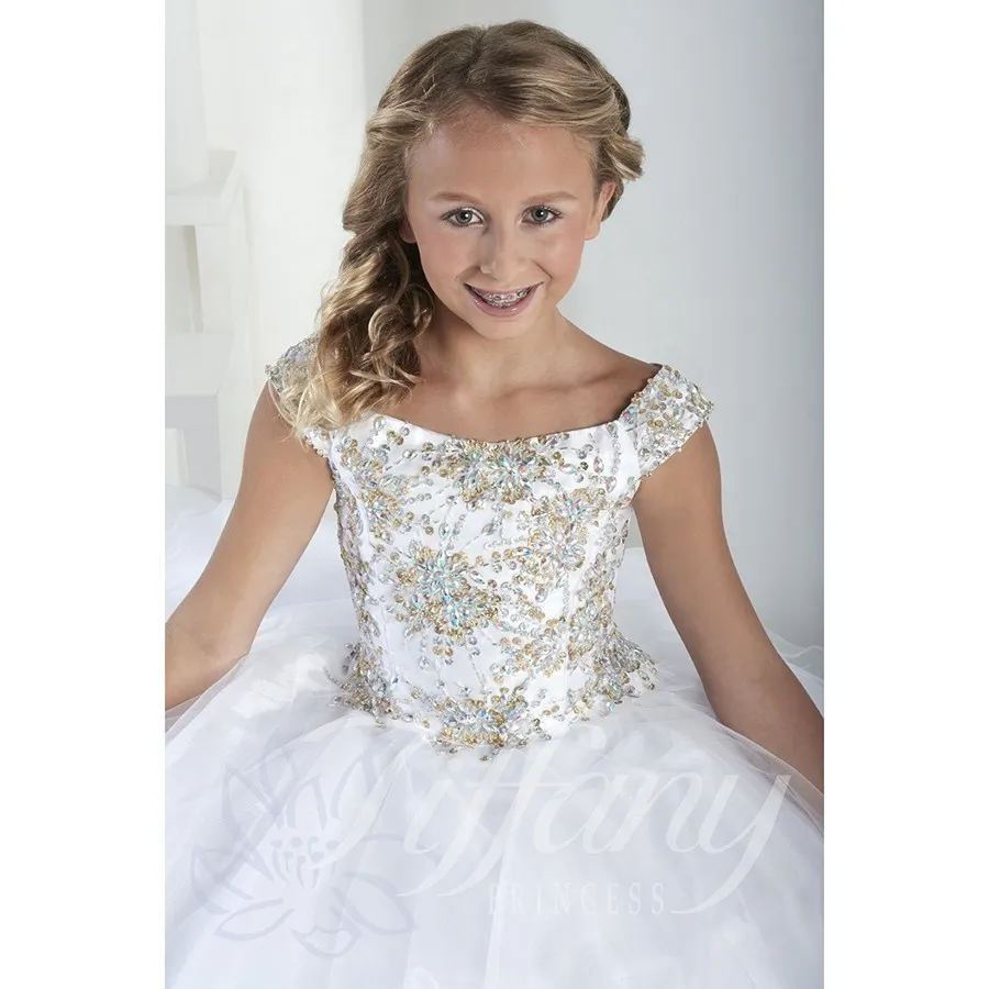 Tiered Tulle Crystal Long Girl's Pageant Dresses Cap Sleeves Lace Up Back Princess Flower Girls Dress Cheap Formal Party Gown2747