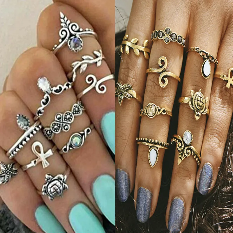 10pcs/Set Gold Color Flower Midi Rings Sets for Women Silver Color Boho Beach Vintage Turkish Punk Elephant finger Knuckle Ring Jewelry