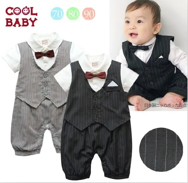 Söt Casual Stripe Gentleman Waistcoat Boys Modellering Romper 0-24m Baby Dress Rompers Toddler Jumpsuits 1pcs Retail QZ06