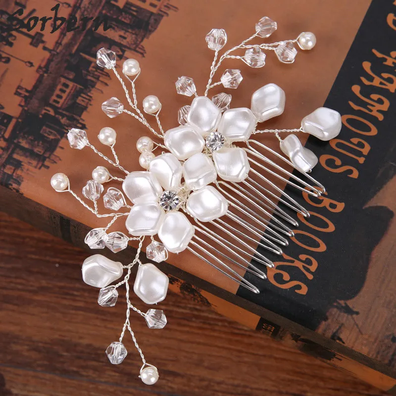 Silver Pearl Flowers Rhinestone Hair Clips Wholesale Headpiece For Bridesmaid Hair Combs Rhinestones Clear Beads Bridal Accessories